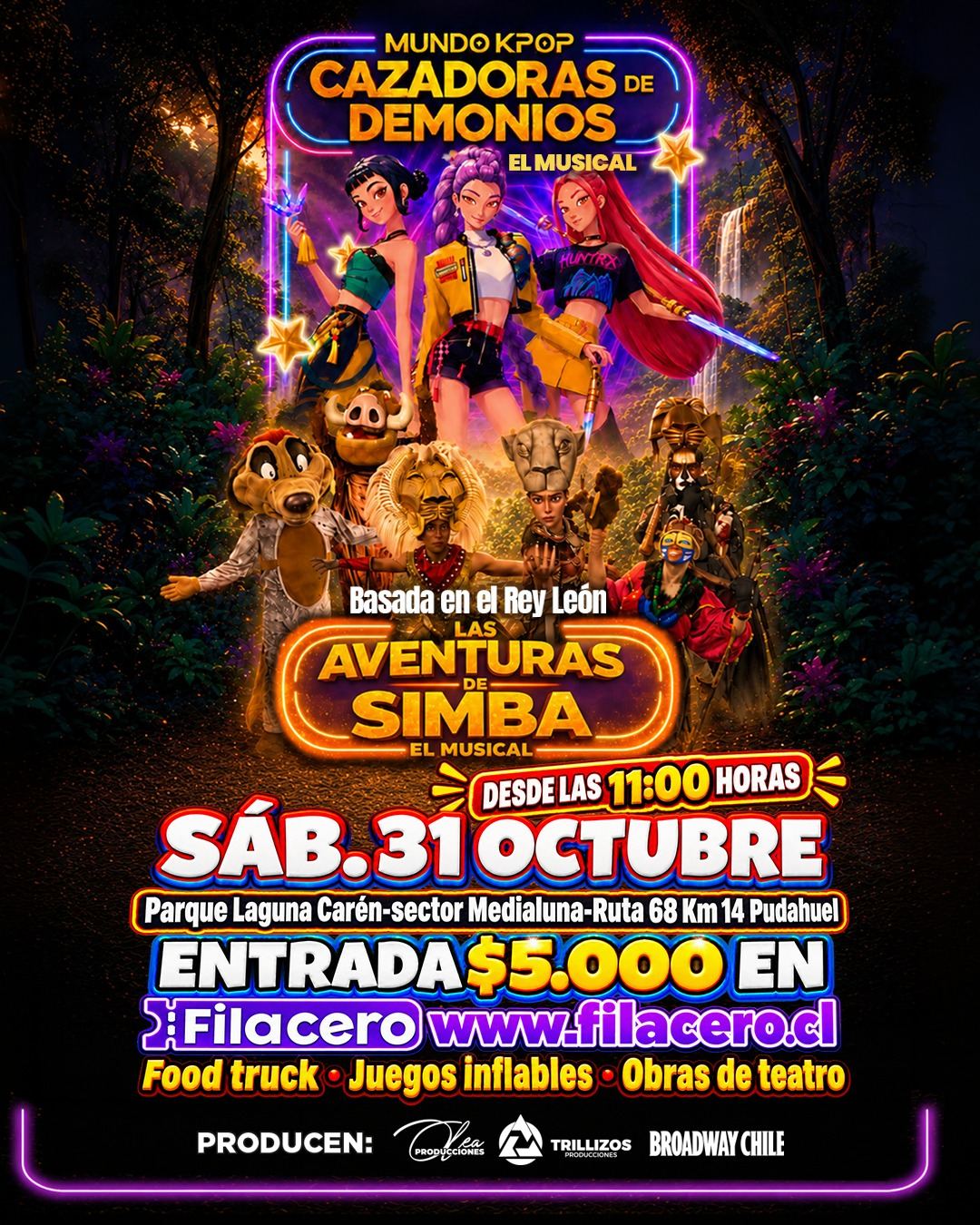 Afiche: Mundo Kpop Cazadoras de Demonios y Las Aventuras de Simba, sábado 31 de octubre, Parque Laguna Carén